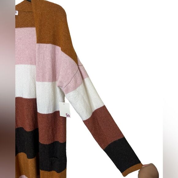SO Pink/Brown/White Multi Long Sleeve Striped Open Front Cardigan Large - Picture 8 of 12